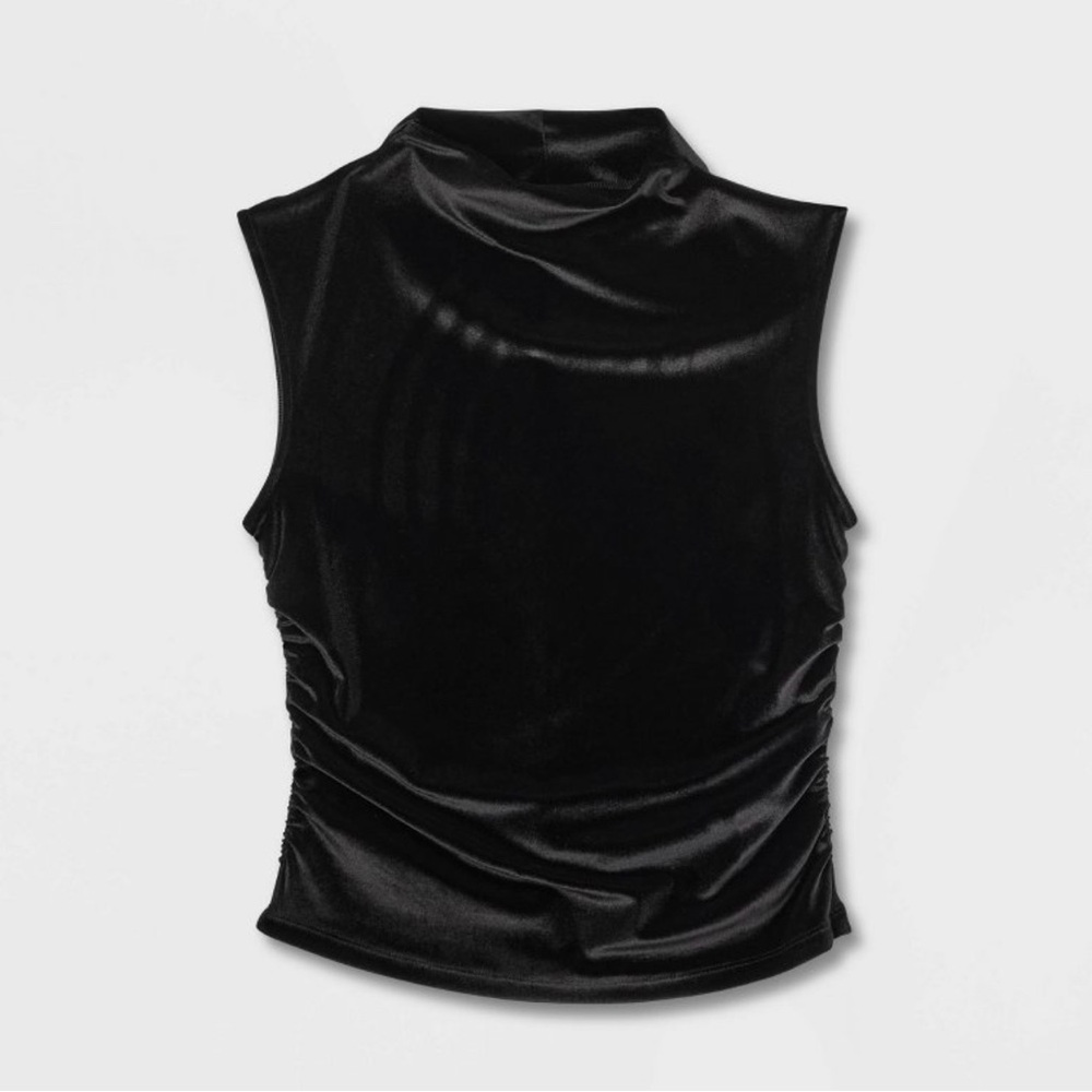 Black velour Sleeveless Tank Top with Cowl Neck and Fitted Ruched Design